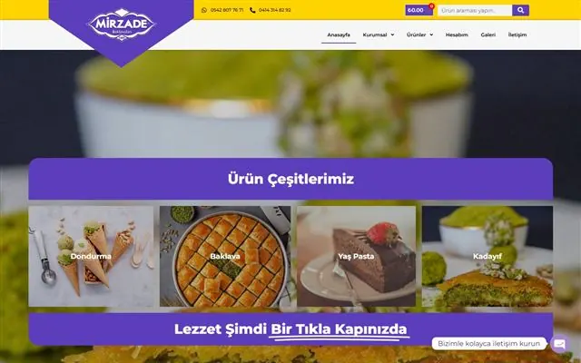Mirzade Baklavaları web sitesi ana sayfası